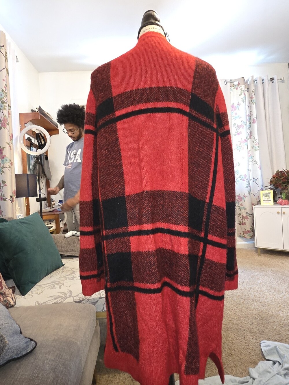 Old Navy Red and Black Plaid Long Cardigan Coat
